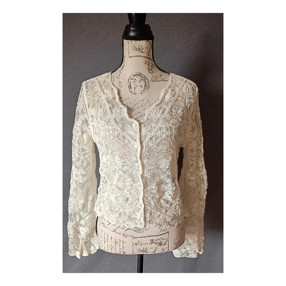 100% Cotton Embroidered Lace Bell Sleeve Size M Cardigan Cottagecore Boho
